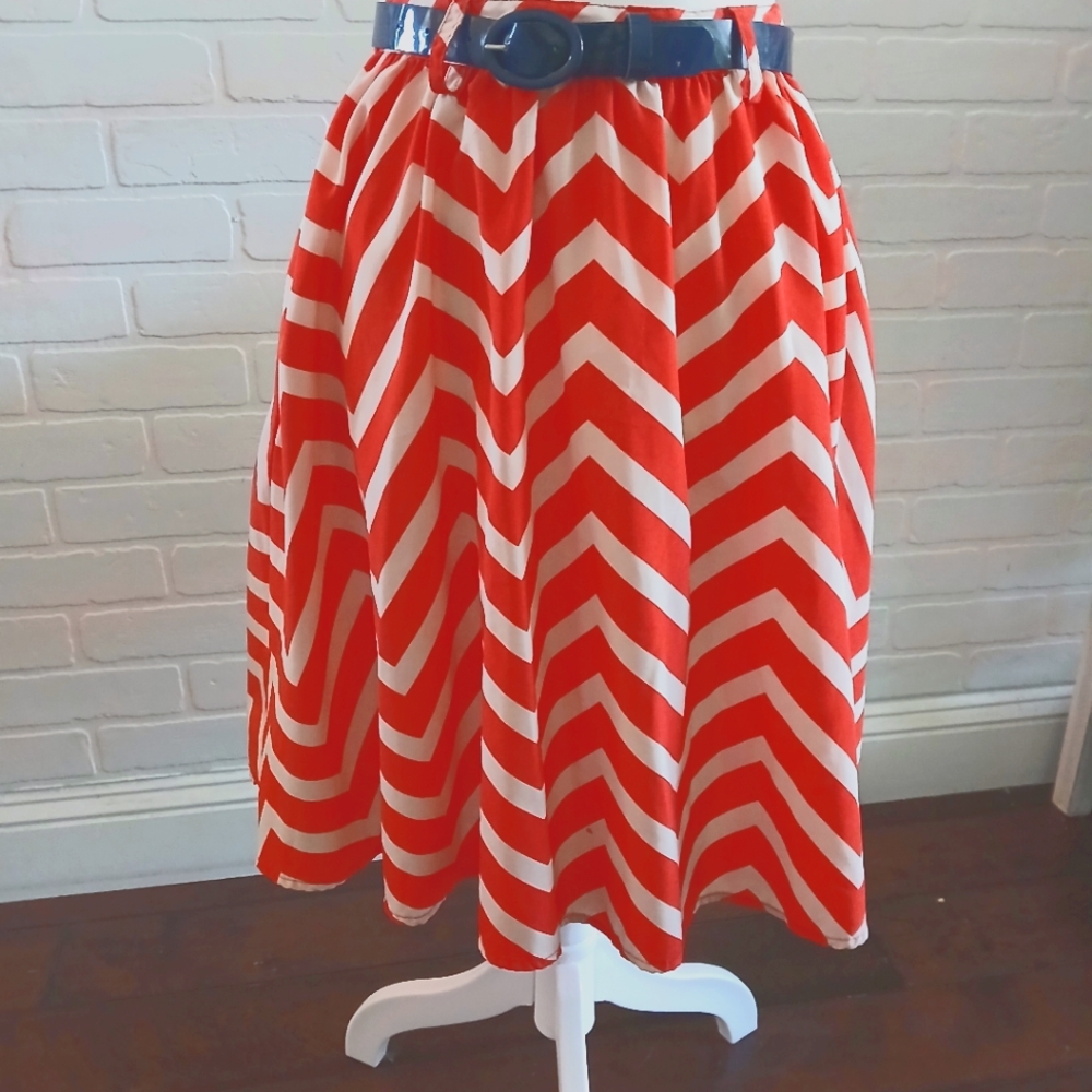 Orange & White Chevron Skirt With Navy Blue Belt